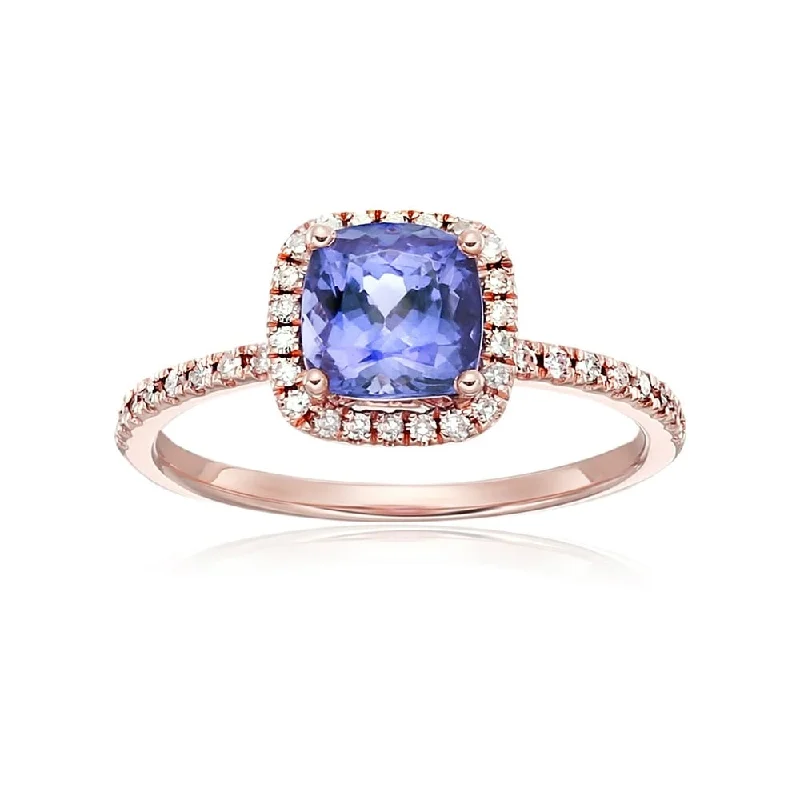 10k Rose Gold Tanzanite and Diamond Cushion Halo Engagement Ring, Size 7