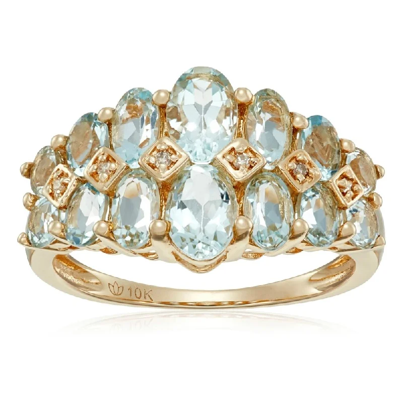 10k Yellow Gold Aquamarine and Diamond Accented Band Ring, Size 7