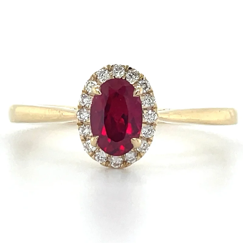 14ct Yellow Gold Laboratory Grown Oval Ruby & Diamond Halo Ring