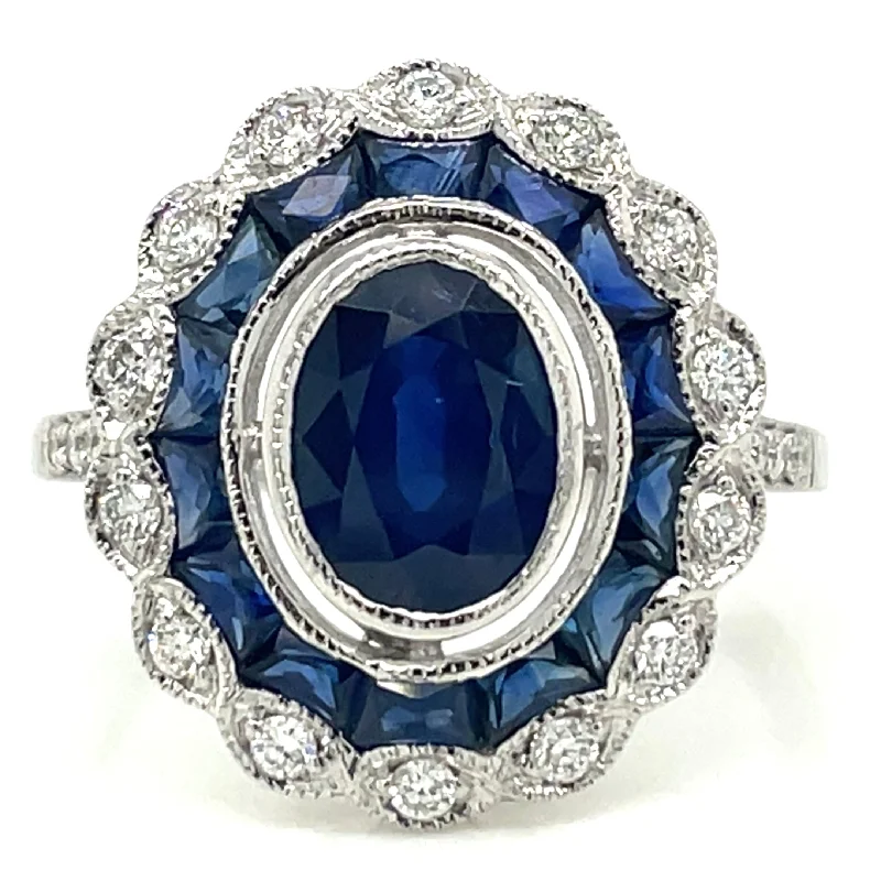 18ct White Gold Earth Grown Oval Sapphire And Diamond Art Deco Style Ring