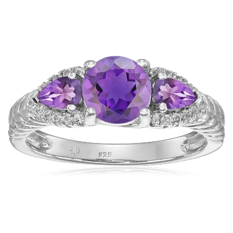 925 Sterling Silver African Amethyst and White Topaz 3-Stone Ring