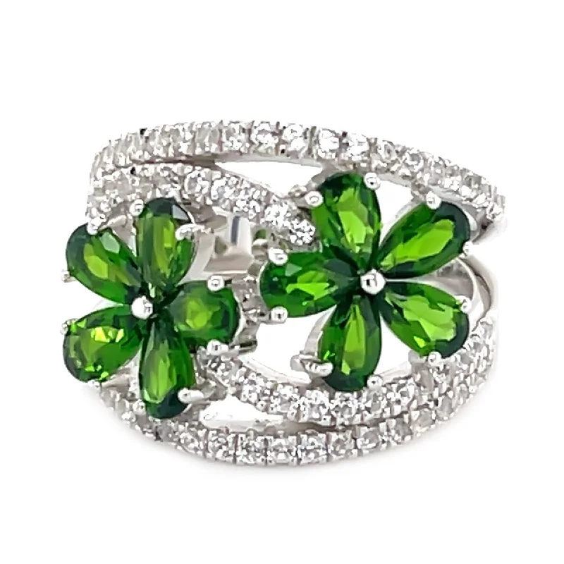 925 Sterling Silver Chrome Diopside and Created White Sapphire Gemstone Flower Ring