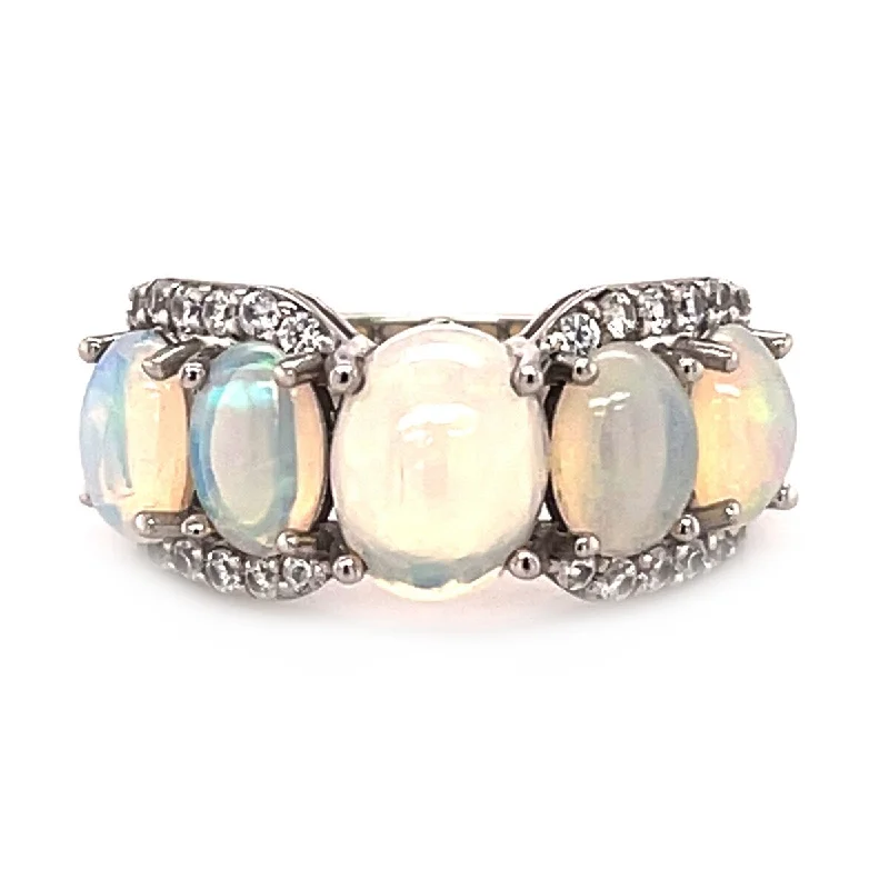 925 Sterling Silver Ethiopian Opal and White Natural Zircon 5-Stone Ring