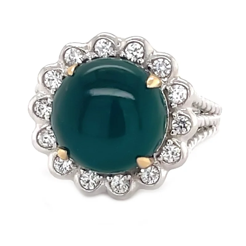 925 Sterling Silver Green Agate and White Natural Zircon Ring