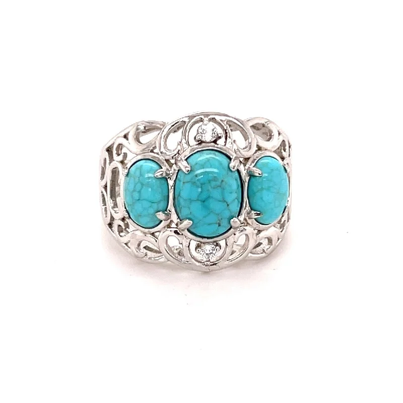 925 Sterling Silver Mine#8 Turquoise and White Zircon 3-Stone Ring