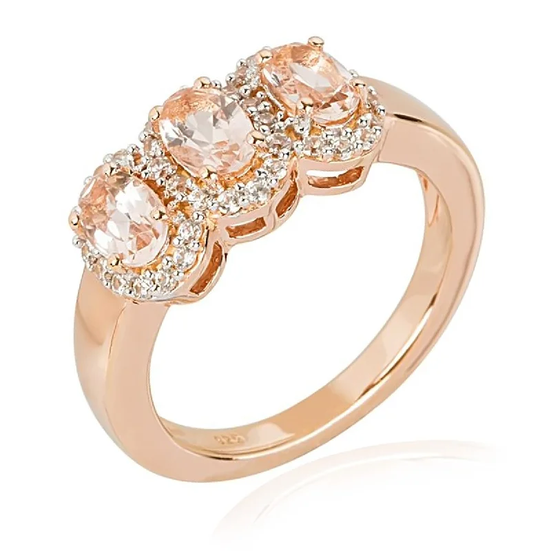 925 Sterling Silver Morganite And White Natural Zircon 3-Stone Ring