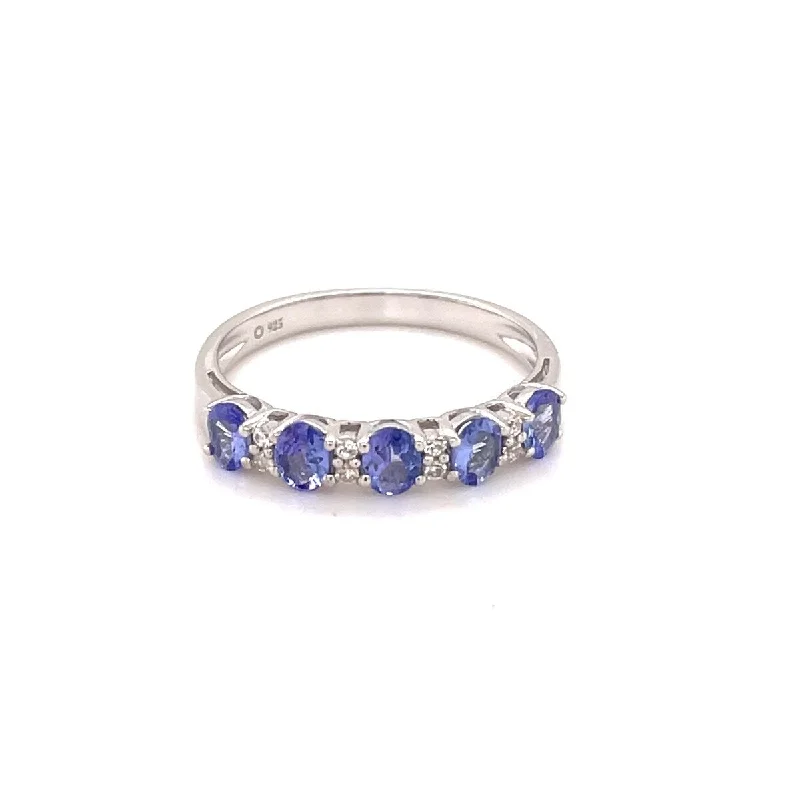 925 Sterling Silver Tanzanite and White Natural Zircon 5-Stone Ring