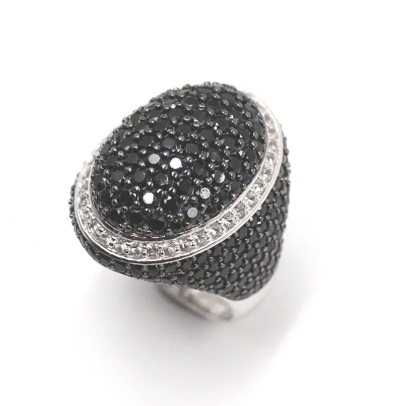 925 Sterling Silver White Topaz and Black Spinel Ring