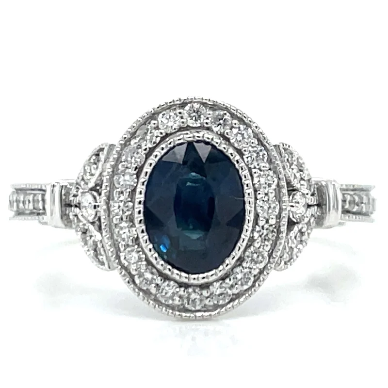 9ct White Gold Earth Grown 1.461ct Sapphire And Diamond Halo Ring