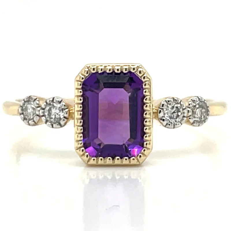 9ct Yellow Gold 0.96ct Emerald Cut Purple Amethyst Ring with Side Diamonds