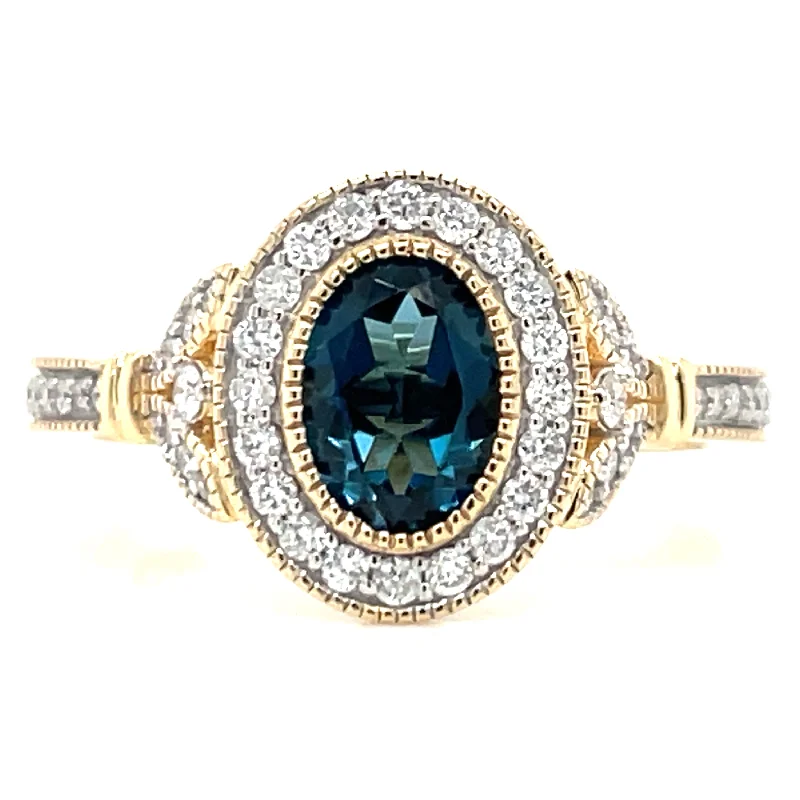 9ct Yellow Gold Earth Grown 1.23ct London Blue Topaz And Diamond Halo Ring