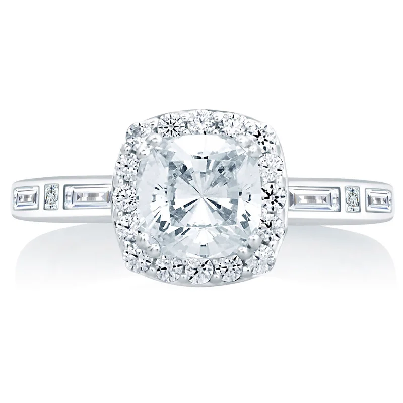 A.Jaffe Cushion Cut Halo with Baguette and Princess Shoulder Diamond Engagement Ring MES652/151