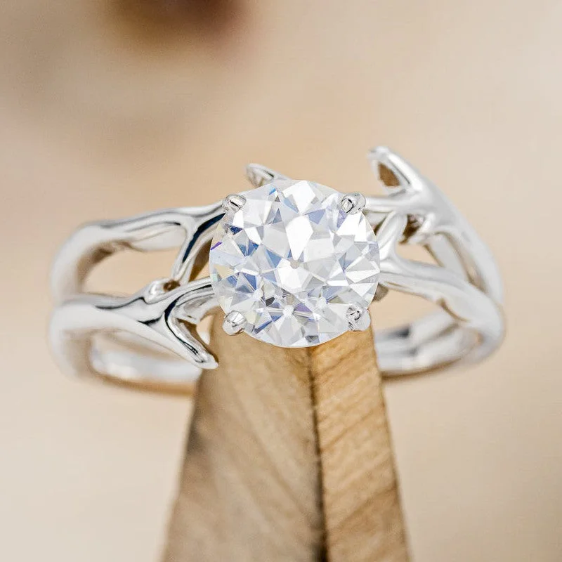 "ARTEMIS" - ROUND MOISSANITE ENGAGEMENT RING WITH AN ANTLER STYLE STACKING BAND