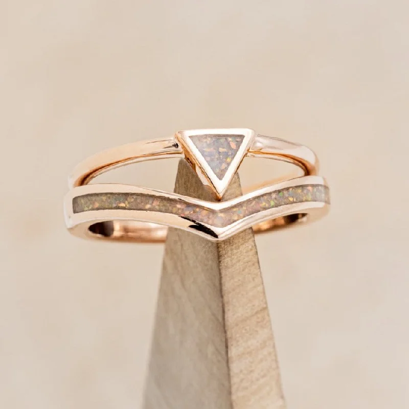 "ATLANTIS" - 14K GOLD TRIANGLE RING & V-SHAPED TRACER SET WITH FIRE & ICE OPAL