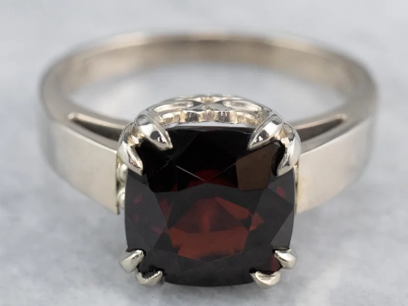 Cushion Cut Garnet White Gold Solitaire Ring