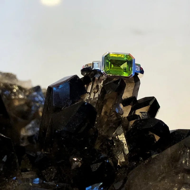 Emerald-Cut Peridot and Diamond Ring