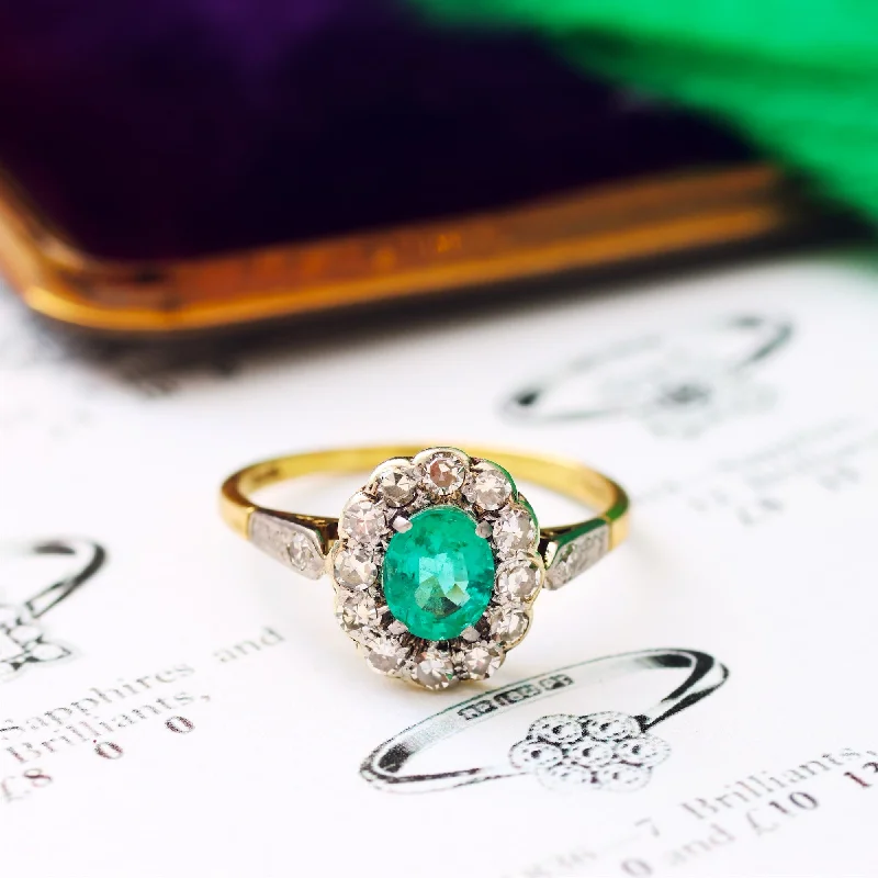 Vintage Floral Emerald & Diamond Cluster Ring