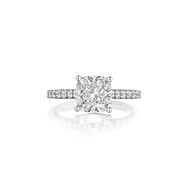 Fink's Exclusive Platinum Cushion Cut Diamond Engagement Ring with Diamond Shank Accents