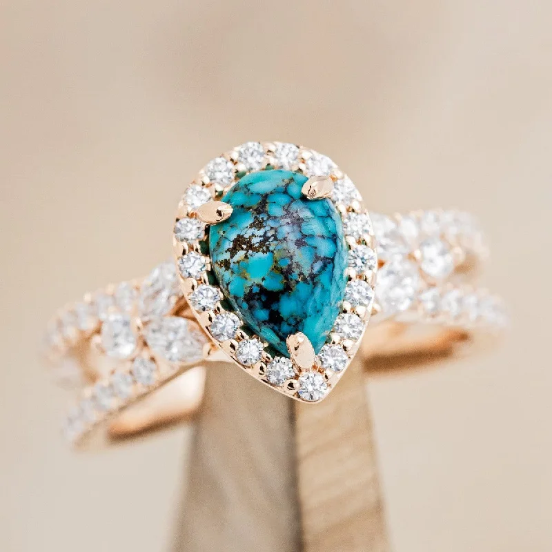 "LORETTA" - PEAR CUT TURQUOISE ENGAGEMENT RING WITH DIAMOND HALO & ACCENTS