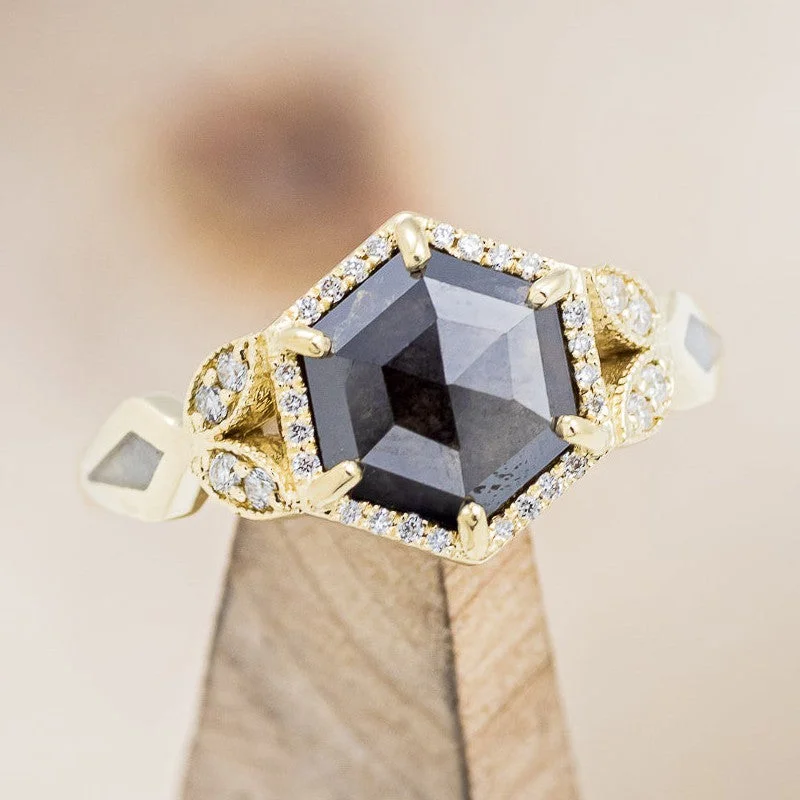 "LUCY IN THE SKY" - HEXAGON CUT SALT & PEPPER DIAMOND ENGAGEMENT RING WITH ANTLER INLAYS