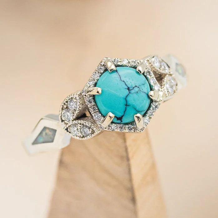 "LUCY IN THE SKY" PETITE - ROUND CABOCHON CUT TURQUOISE ENGAGEMENT RING WITH DIAMOND ACCENTS & FIRE AND ICE OPAL INLAYS