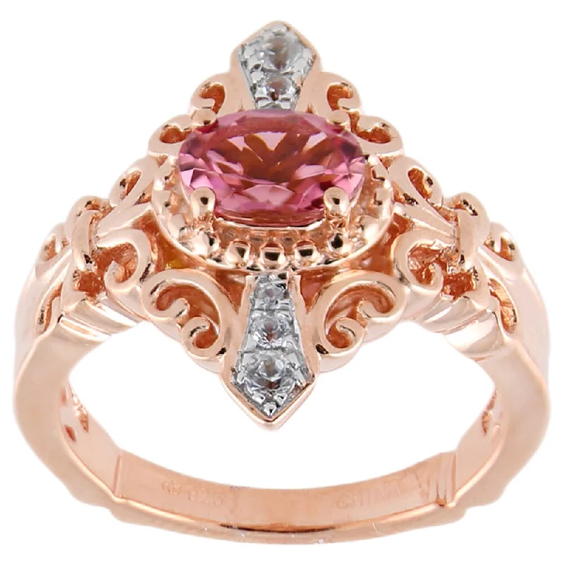 Pink Tourmaline White Zircon Fleur-de-lis Scrollwork Ring