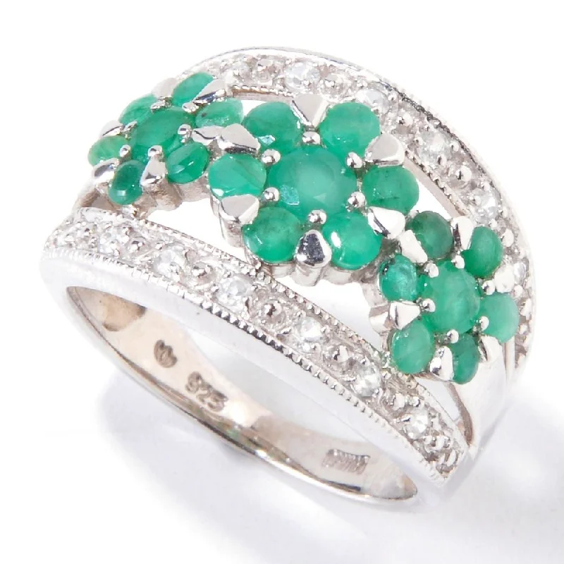 Platinum plated Sterling Silver 2.41 TCW Emerald & White Zircon Flower Ring