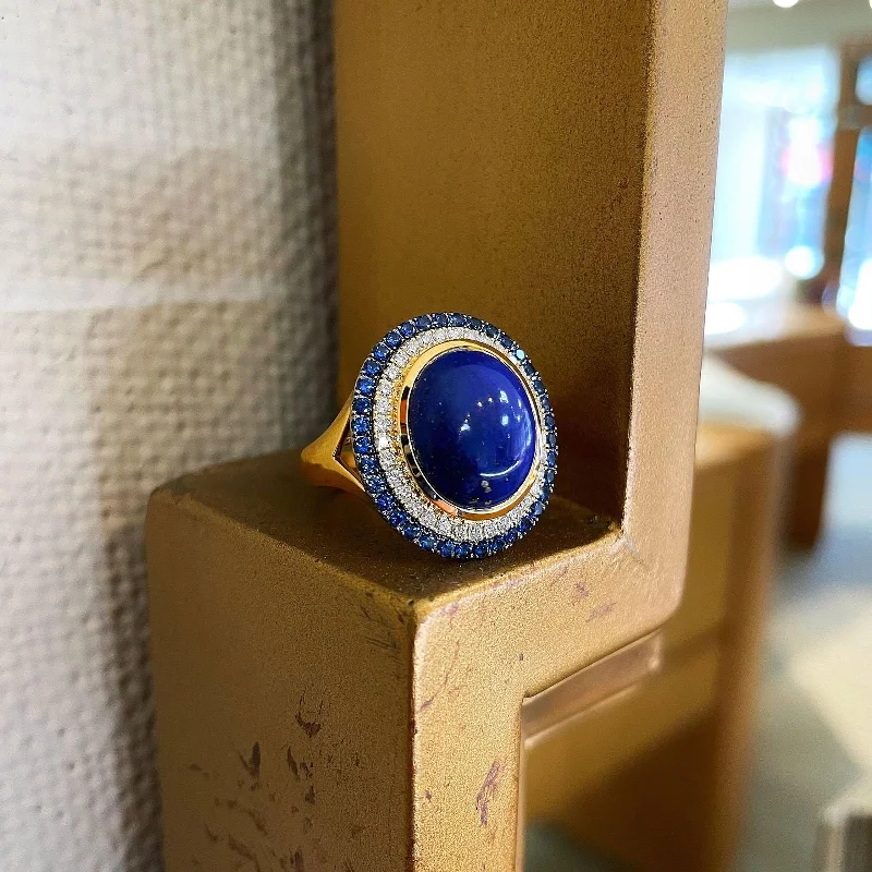 Lapis  Cabochon Halo Ring