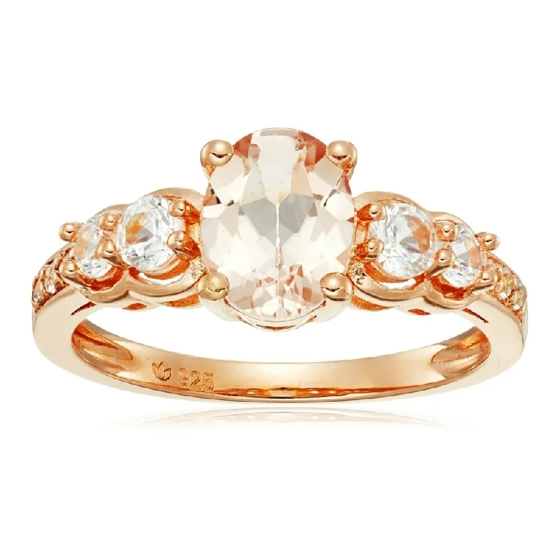 Rose Gold-plated Silver Morganite & Created White Sapphire Ring, Sz 7 - Pink