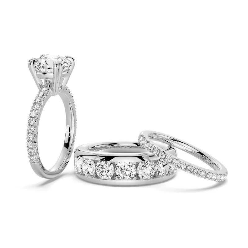 Round Cut Moissanite Couple's Ring Set with Men's Wedding Band