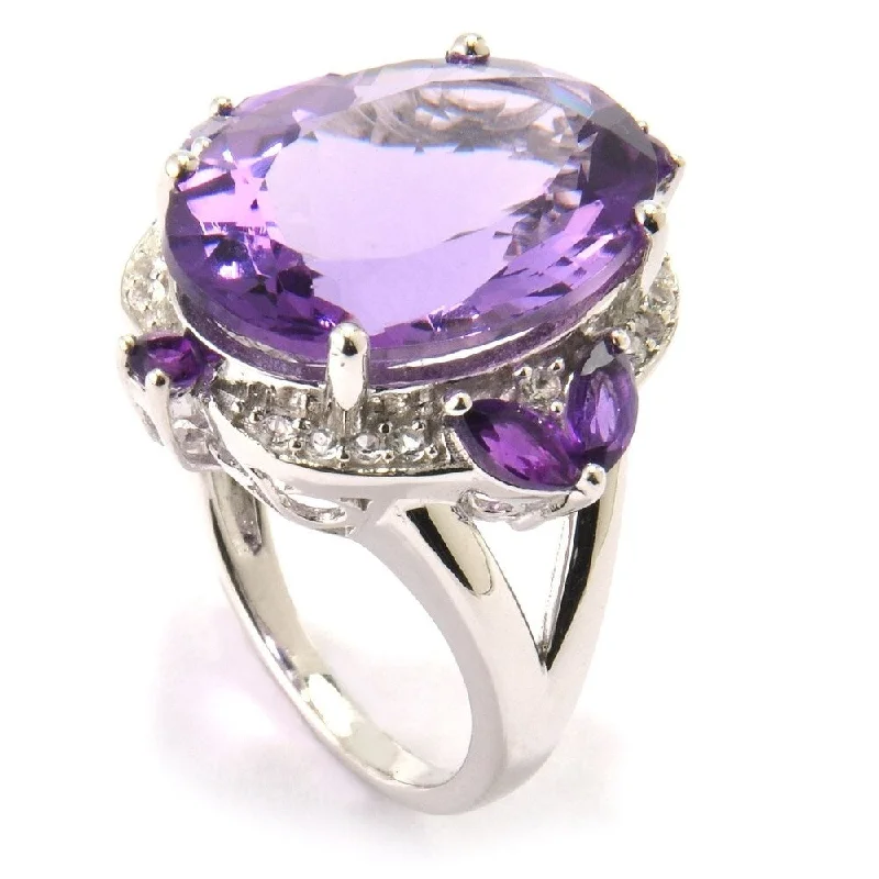 Sterling Silver 20.38Ctw African Amethyst and White Zircon Cocktail Ring