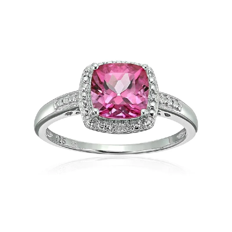 Sterling Silver Cushion Pink Topaz and Diamond Engagement Ring