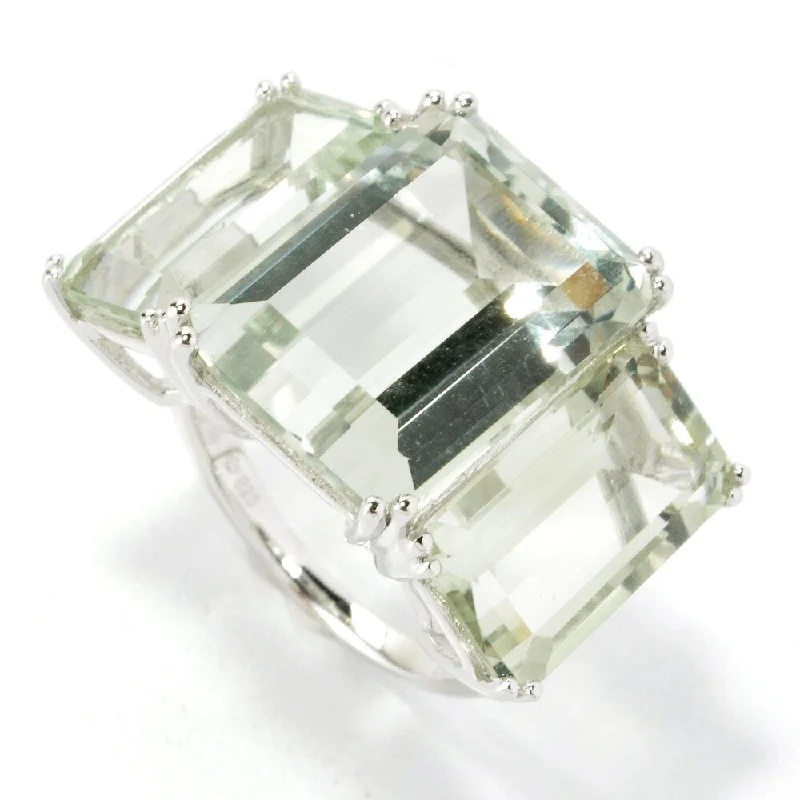 Sterling Silver Emerald-cut Green Amethyst Three-stone Ring