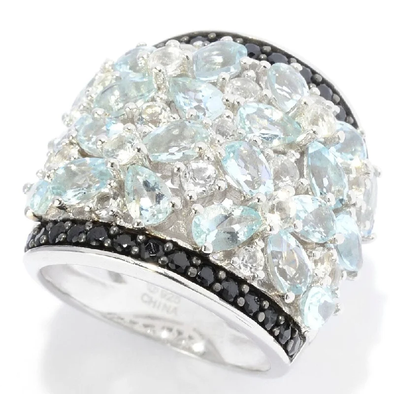 Sterling Silver Exotic Aquamarine, White Topaz & Black Spinel Ring