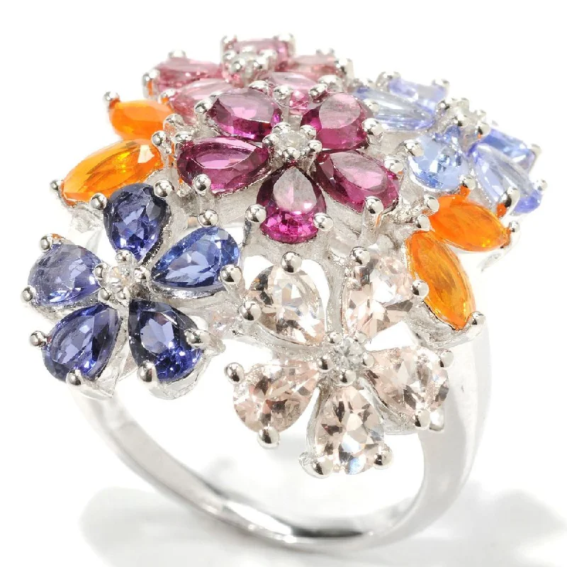 Sterling Silver Multi Gemstone Flower Ring