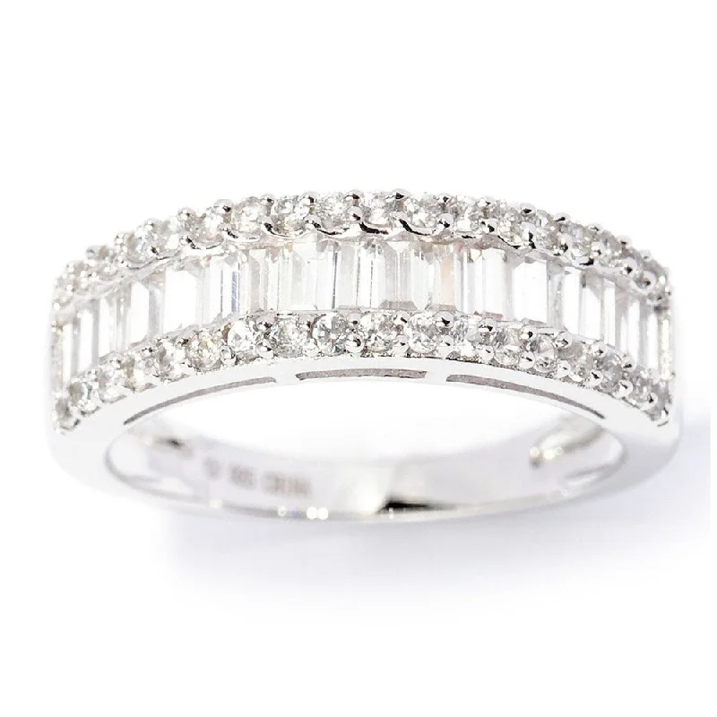 Sterling Silver Round and Baguette White Zircon Ring