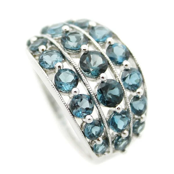 Sterling Silver Three-row Round-cut London Blue Topaz Ring