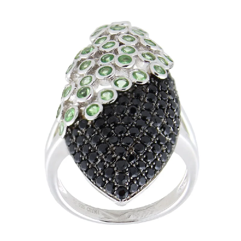 Sterling Silver Tsavorite and Black Spinel Elongated Ring