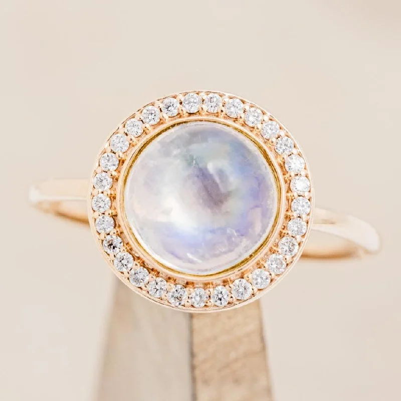 "TERRA" - ROUND CABOCHON CUT MOONSTONE ENGAGEMENT RING WITH DIAMOND HALO