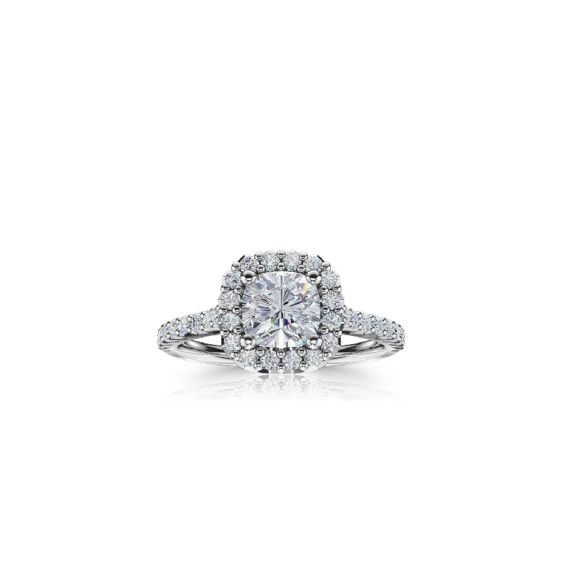 The Studio Collection Cushion Cut Diamond Halo and Diamond Shank Engagement Ring