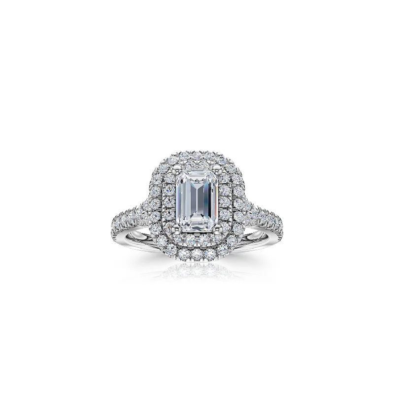 The Studio Collection Emerald Cut Center Diamond and Diamond Double Halo Engagement Ring