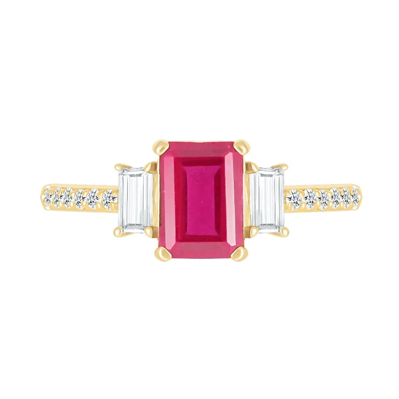 Three Stone Emerald Cut Ruby Ring with White Sapphire Band