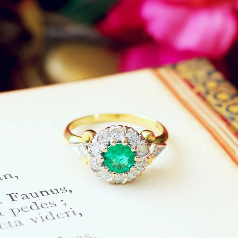 Vintage Date 1969 Emerald & Diamond Floral Engagement Ring