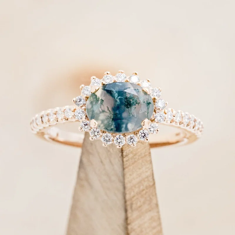 "WHIMSY" - OVAL CUT MOSS AGATE ENGAGEMENT RING WITH DIAMOND ACCENTS