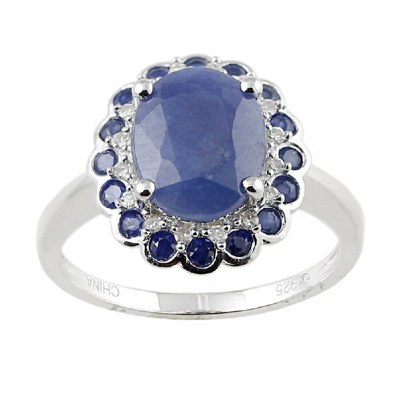 White Sterling Silver Natural Indian Blue Sapphire and Diamond Classic Ring