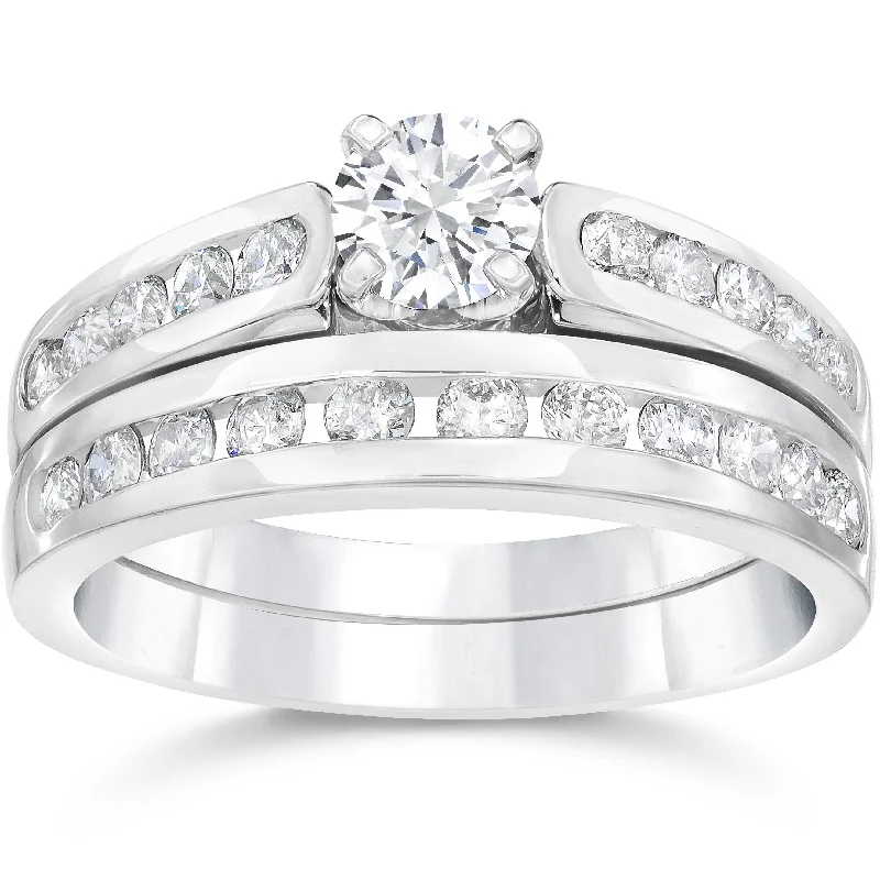 1 1/2ct Channel Set Diamond Engagement Ring Set White Gold