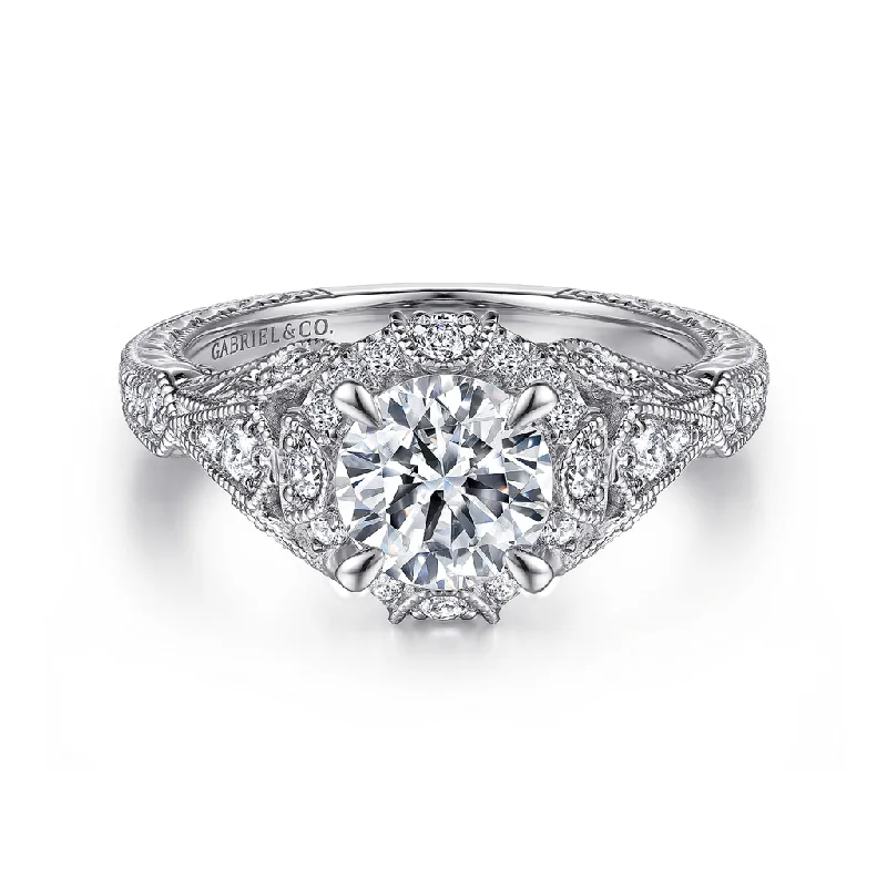 14K White Gold 'Annadale' Vintage Inspired Halo Round Diamond Engagement Ring