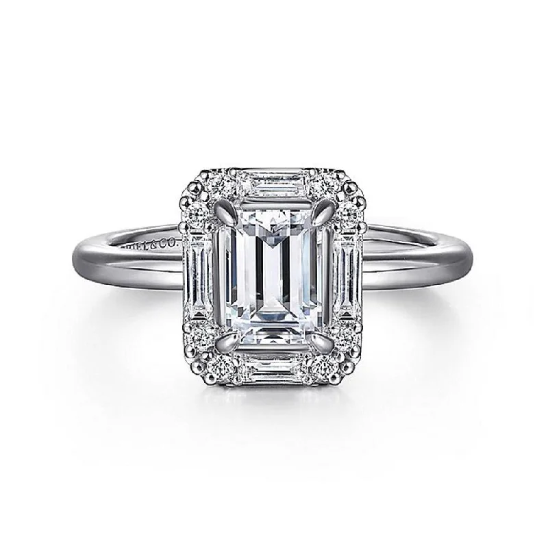 14K White Gold 'Cammie' Halo Emerald Cut Diamond Engagement Ring