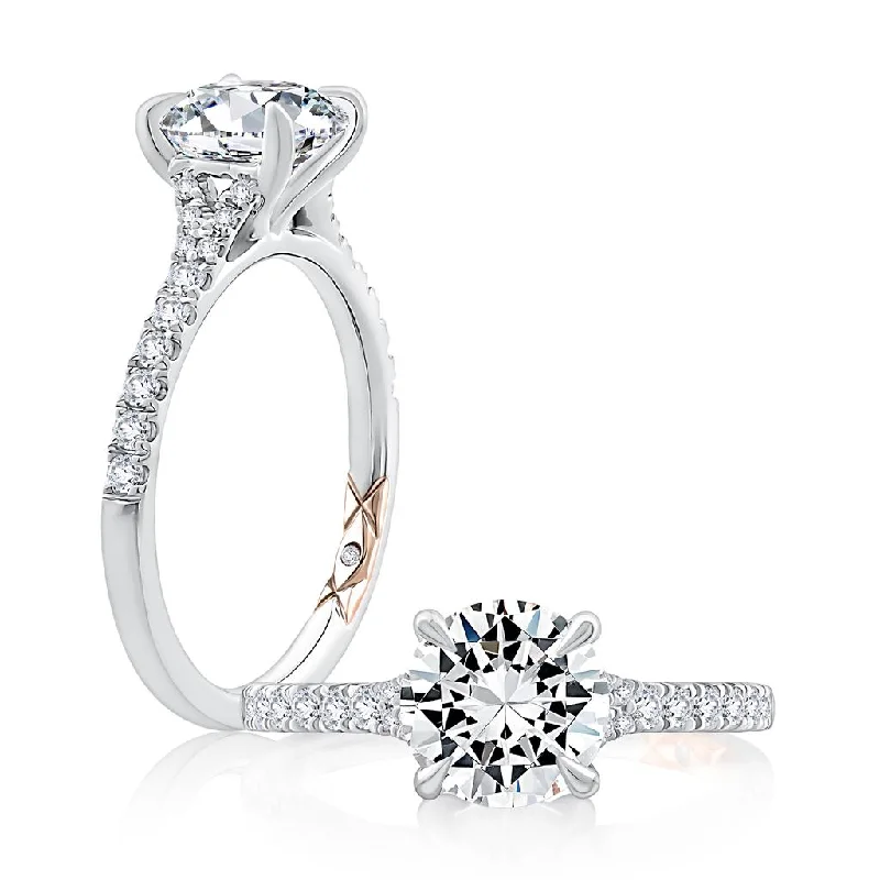 14K White Gold Round Center Diamond Engagement Ring With Pavé Band