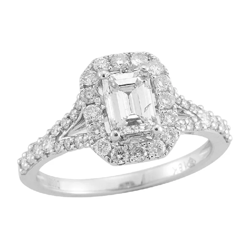 14K White Gold 0.48Ct Emerald Cut Diamond Split Shank Halo Engagement Ring